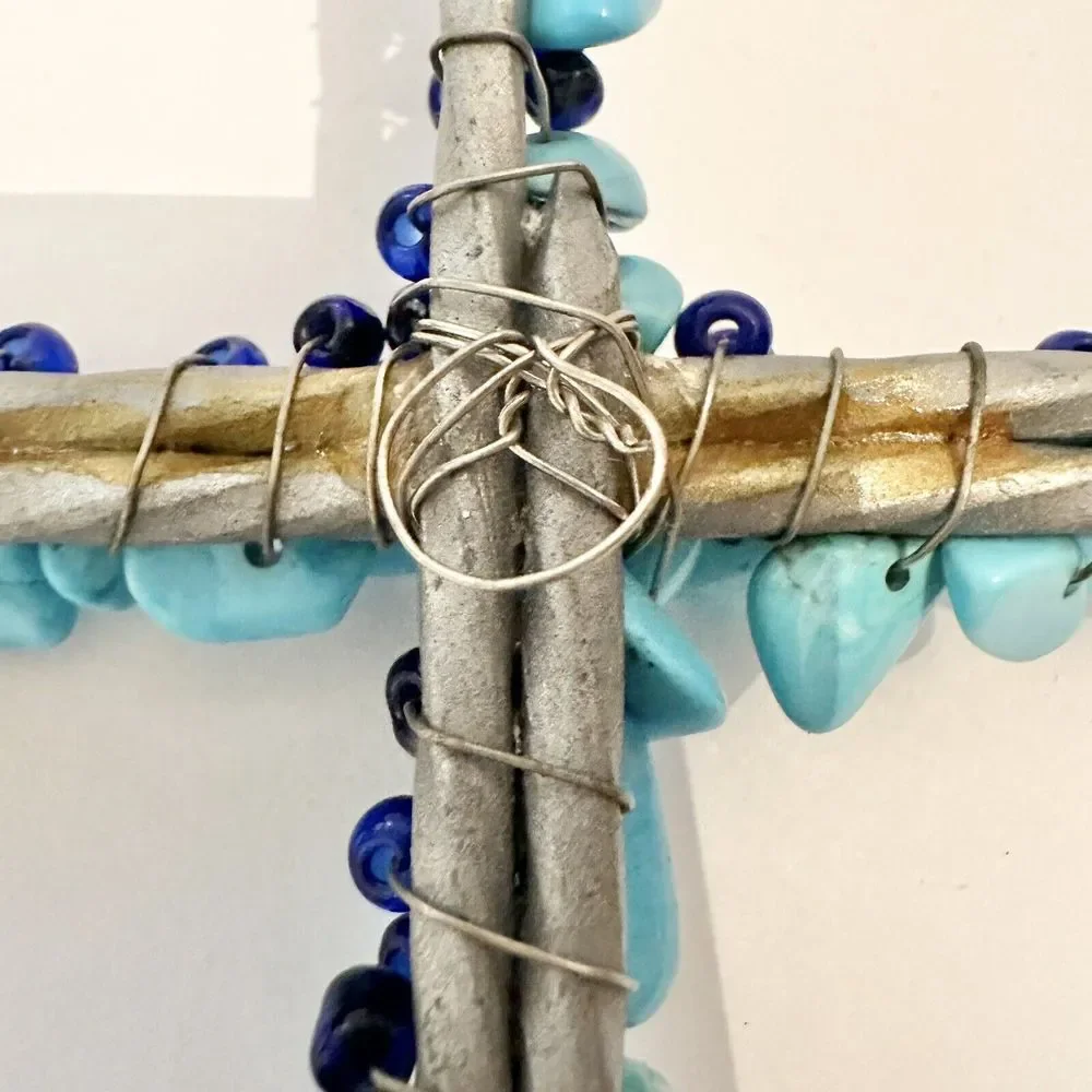 Turquoise Beads Cross Wall Hanging Silver Nails Wire Measures 5
